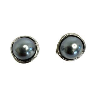 Vintage Clip-On Earrings With Silver & Gray Faux Pearl Planet Design